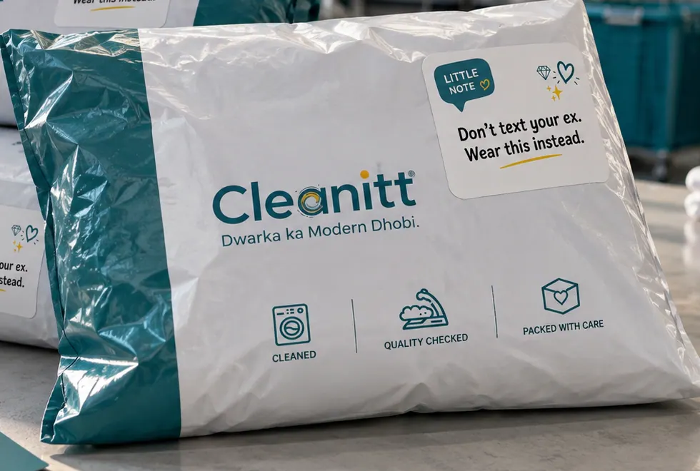 A sealed Cleanitt laundry bag with the Little Note sticker