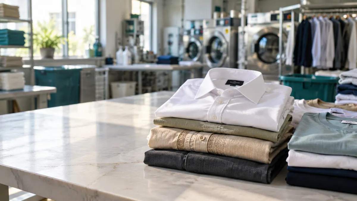 Neatly folded shirts and trousers stacked on a marble counter
