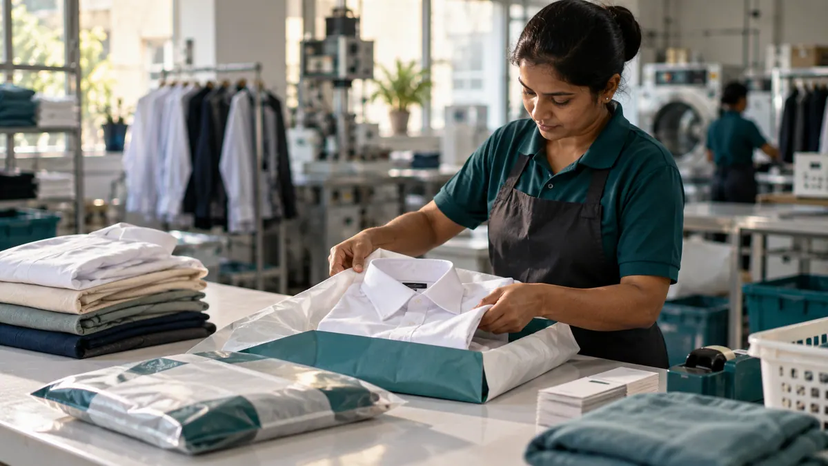 A folded white shirt being placed into a teal-lined box on a packing table