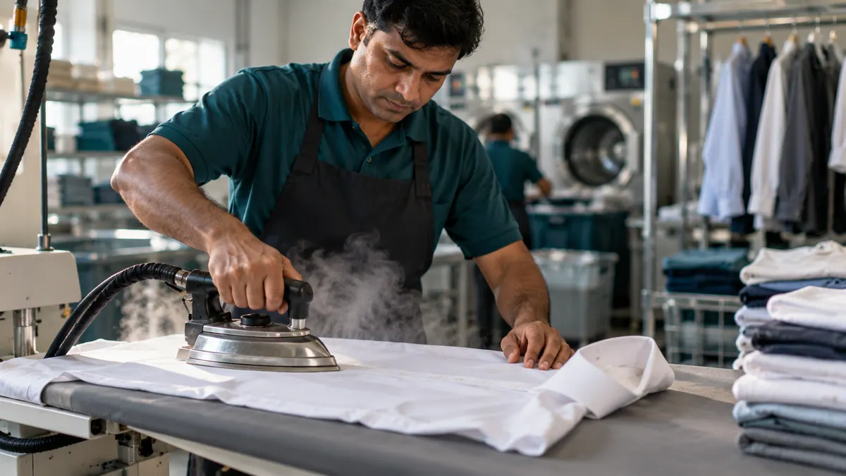 A steam iron pressing a white shirt, steam rising from the plate