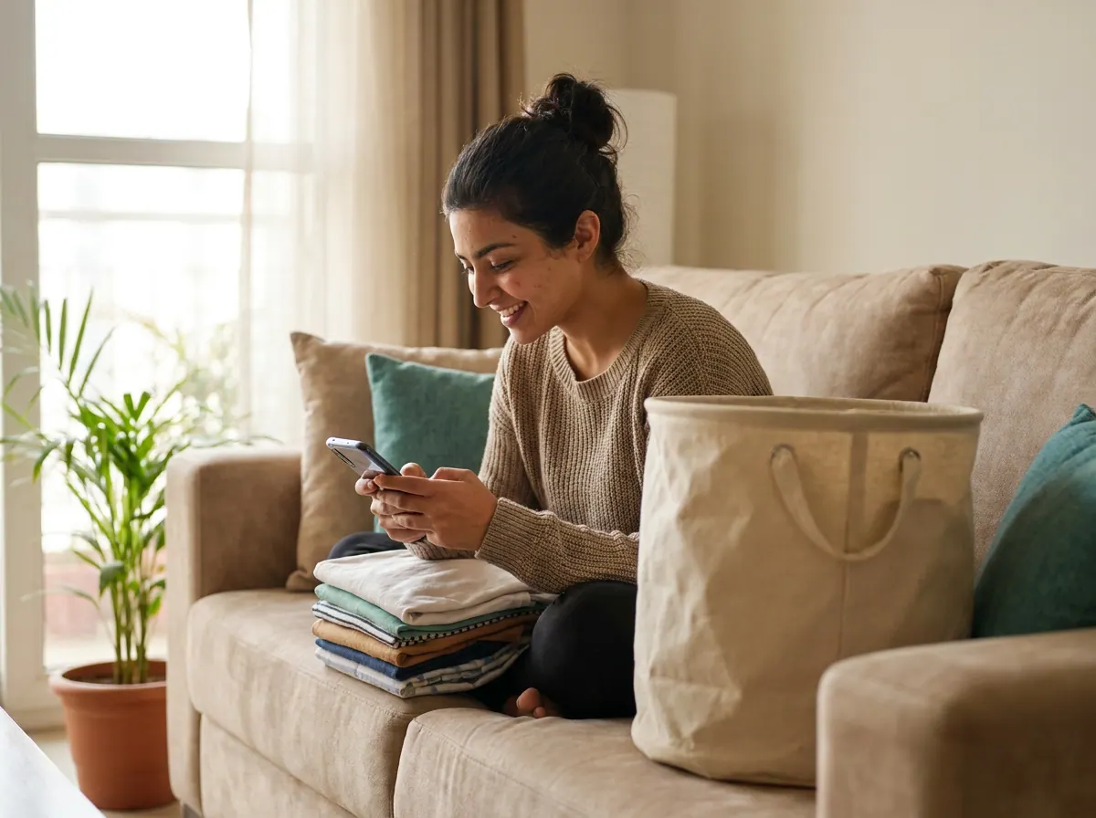 A woman on a sofa typing a message on her phone, a folded pile of clothes and a laundry basket beside her