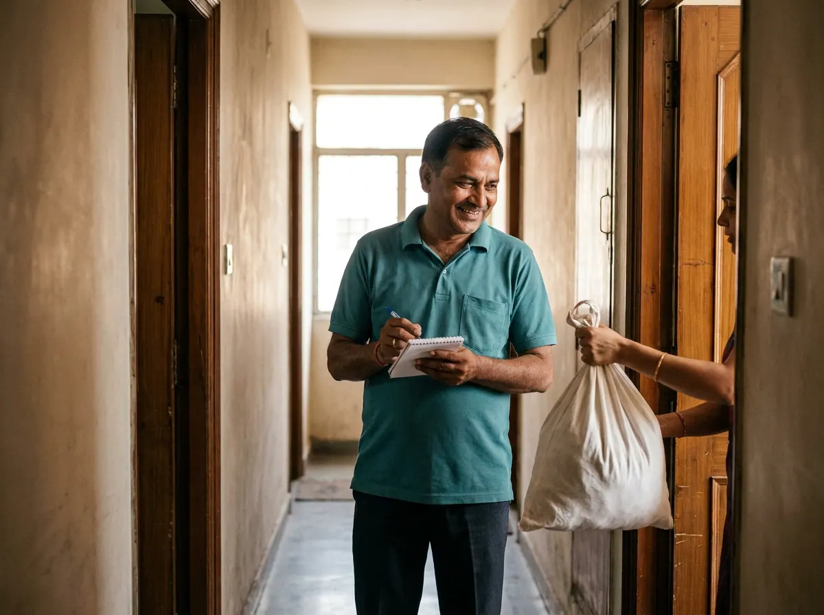 A man in a teal polo noting down items on a pad while taking a white laundry bag at an apartment door